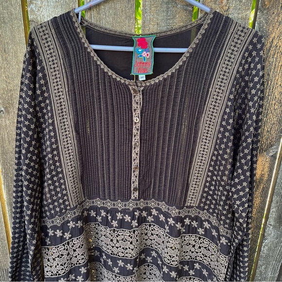 Johnny Was Brown Cupra Rayon Eyelet Lace & Embroidered Long Sleeve Tunic Sz M - Picture 5 of 16
